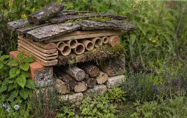 Naturnaher Unterschlupf aus Holz Rinde und Pflanzenstängeln im Garten; Thema Metallzäune, Schwerpunkt Dimensionierung; Ergebnis.