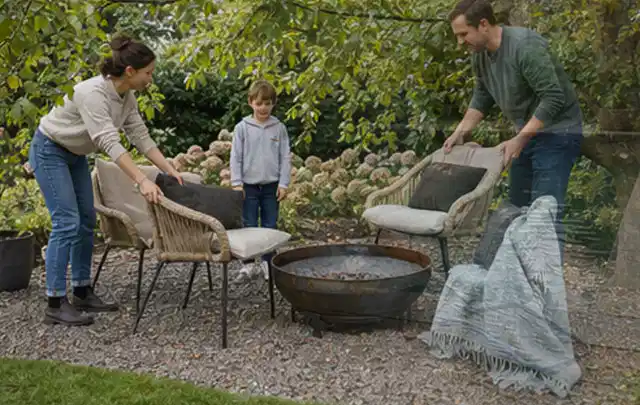 Familie stellt wetterfeste Sessel an einem geschützten Sitzplatz im Garten auf; Thema Metallzäune, Schwerpunkt Dimensionierung; Praxisalltag.
