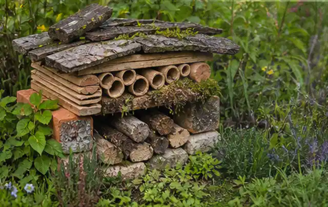 Naturnaher Unterschlupf aus Holz Rinde und Pflanzenstängeln im Garten; Thema Metallzäune, Schwerpunkt DIY; Ausgangslage.