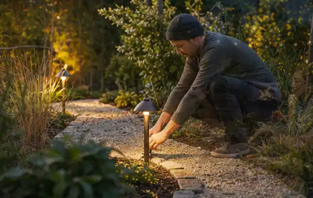 Person richtet eine niedrige warm leuchtende Gartenlampe am Kiesweg aus; Thema Metallzäune, Schwerpunkt DIY; Ergebnis.