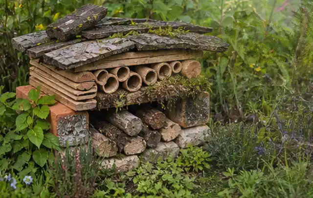 Naturnaher Unterschlupf aus Holz Rinde und Pflanzenstängeln im Garten; Thema Metallzäune, Schwerpunkt Fehlerhilfe; Kontrolle.