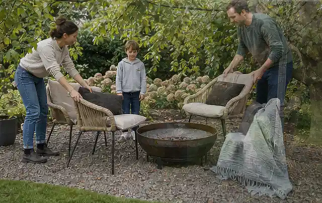 Familie stellt wetterfeste Sessel an einem geschützten Sitzplatz im Garten auf; Thema Metallzäune, Schwerpunkt Fehlerhilfe; Ergebnis.