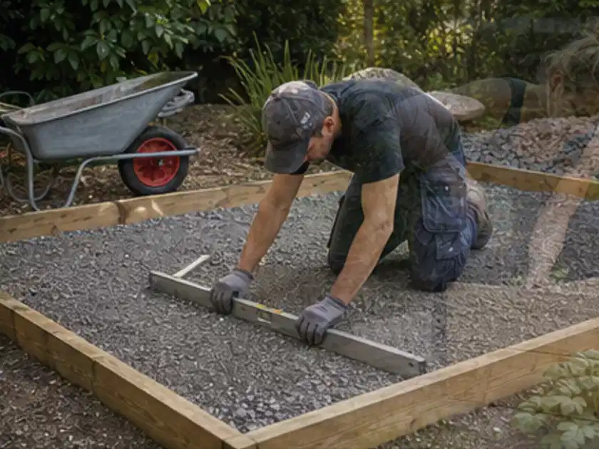 Person richtet eine verdichtete Kiesfläche mit Wasserwaage und Abziehlatte aus; Thema Metallzäune, Schwerpunkt Fundament; Titelbild.