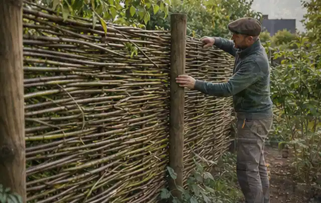 Person befestigt geflochtene Weidenruten an stabilen Holzpfosten im Garten; Thema Metallzäune, Schwerpunkt Fundament; Ausgangslage.