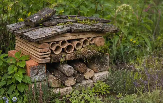 Naturnaher Unterschlupf aus Holz Rinde und Pflanzenstängeln im Garten; Thema Metallzäune, Schwerpunkt Gärten mit kleiner Fläche; Umsetzung.