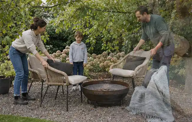 Familie stellt wetterfeste Sessel an einem geschützten Sitzplatz im Garten auf; Thema Metallzäune, Schwerpunkt Gärten mit kleiner Fläche; Praxisalltag.