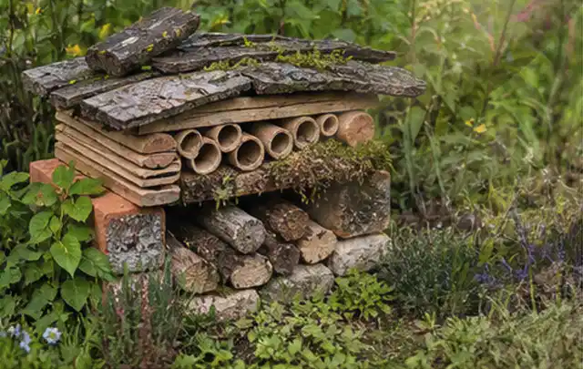 Naturnaher Unterschlupf aus Holz Rinde und Pflanzenstängeln im Garten; Thema Metallzäune, Schwerpunkt Gestaltung; Kontrolle.