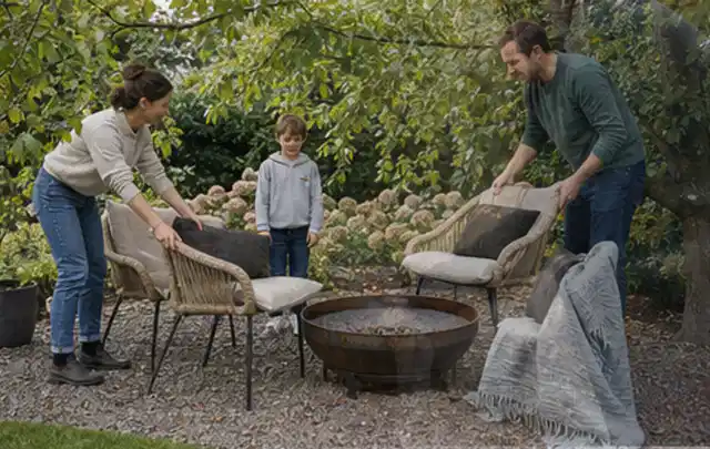 Familie stellt wetterfeste Sessel an einem geschützten Sitzplatz im Garten auf; Thema Metallzäune, Schwerpunkt Kosten; Umsetzung.