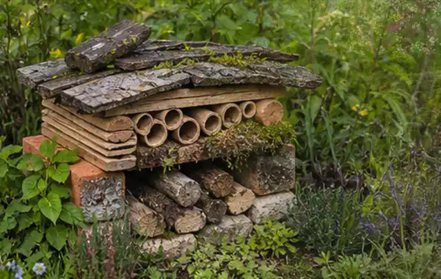 Naturnaher Unterschlupf aus Holz Rinde und Pflanzenstängeln im Garten; Thema Metallzäune, Schwerpunkt Kosten; Kontrolle.