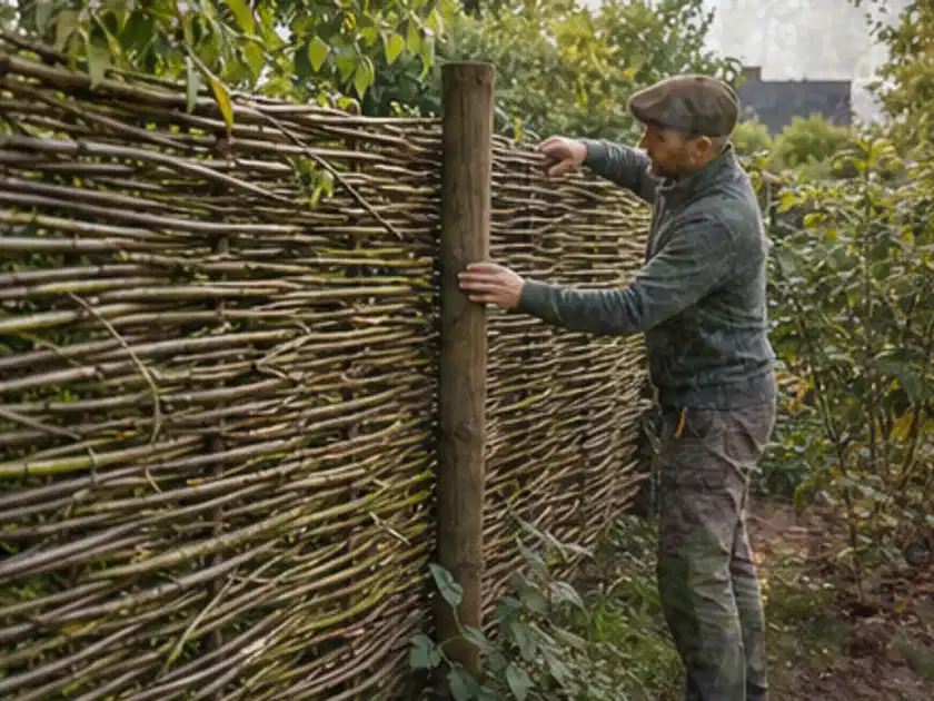 Person befestigt geflochtene Weidenruten an stabilen Holzpfosten im Garten; Thema Metallzäune, Schwerpunkt Materialwahl; Titelbild.