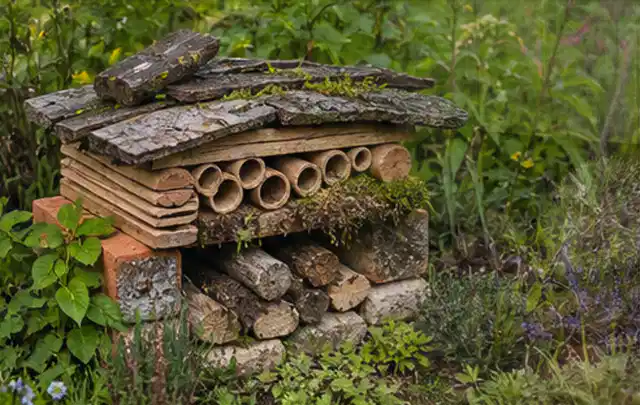 Naturnaher Unterschlupf aus Holz Rinde und Pflanzenstängeln im Garten; Thema Metallzäune, Schwerpunkt Nachhaltigkeit; Ausgangslage.