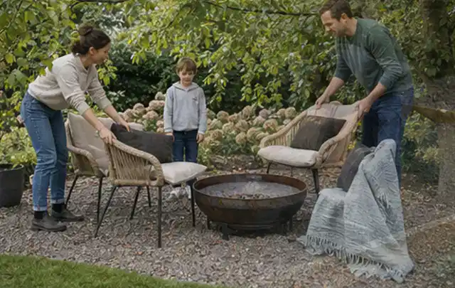 Familie stellt wetterfeste Sessel an einem geschützten Sitzplatz im Garten auf; Thema Metallzäune, Schwerpunkt Nachhaltigkeit; Kontrolle.