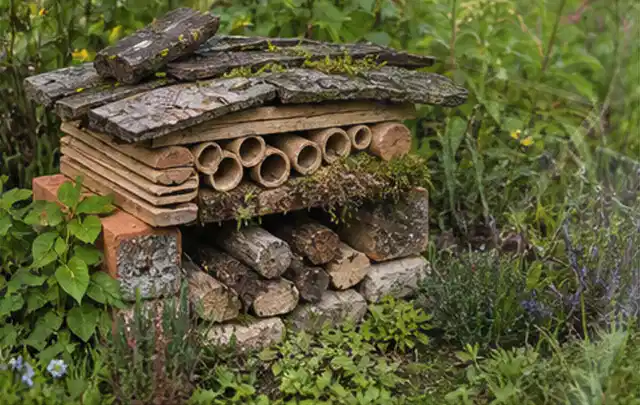 Naturnaher Unterschlupf aus Holz Rinde und Pflanzenstängeln im Garten; Thema Metallzäune, Schwerpunkt Pflege; Umsetzung.