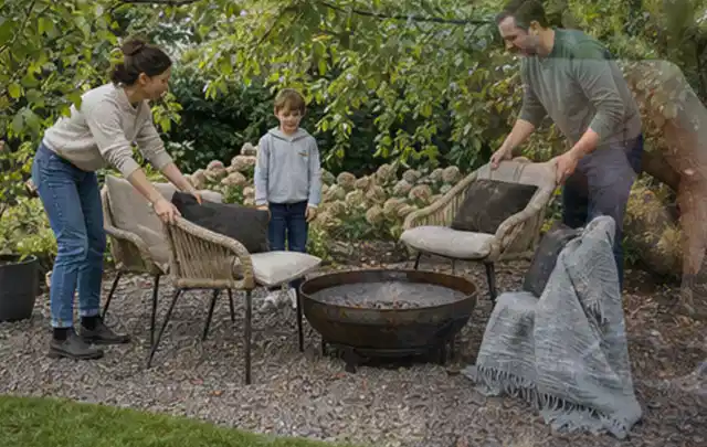 Familie stellt wetterfeste Sessel an einem geschützten Sitzplatz im Garten auf; Thema Metallzäune, Schwerpunkt Pflege; Ergebnis.