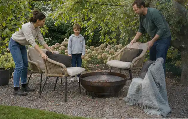 Familie stellt wetterfeste Sessel an einem geschützten Sitzplatz im Garten auf; Thema Metallzäune, Schwerpunkt Planung; Ausgangslage.