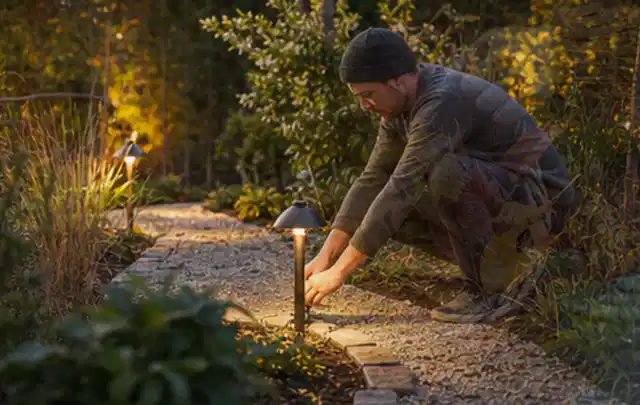 Person richtet eine niedrige warm leuchtende Gartenlampe am Kiesweg aus; Thema Metallzäune, Schwerpunkt Winterschutz; Ausgangslage.