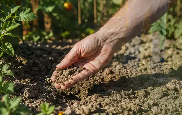 Hand prüft trockene krümelige Gartenerde während einer warmen Sommerphase; Thema Micro Drip Systeme, Schwerpunkt Anwendung; Umsetzung.