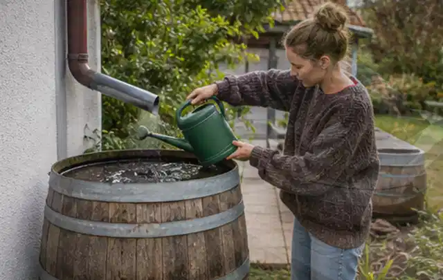 Person kontrolliert ein gefülltes Regenfass unter einem Fallrohr am Haus; Thema Micro Drip Systeme, Schwerpunkt Anwendung; Praxisalltag.