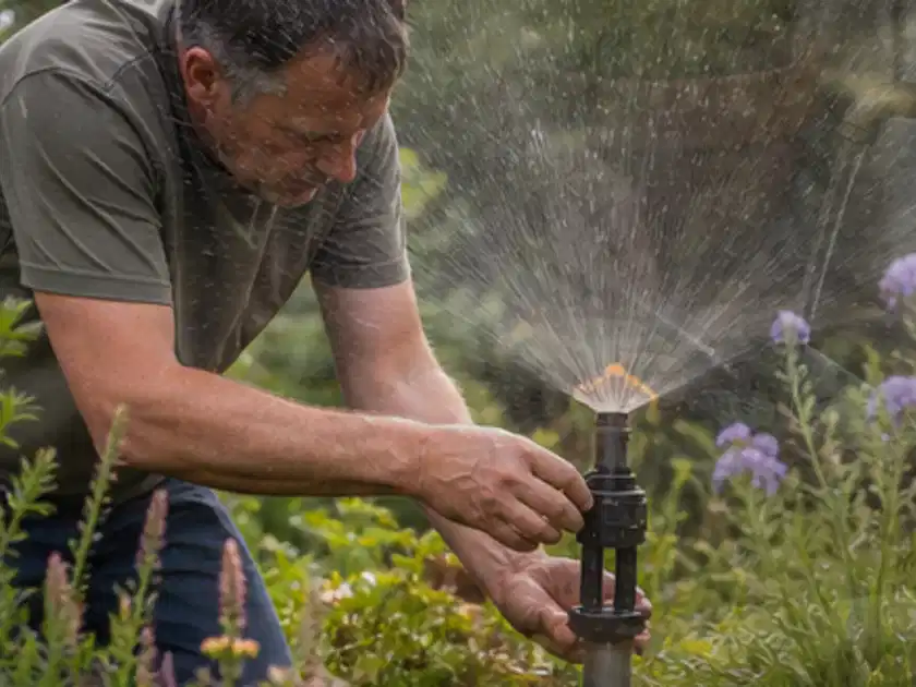 Person richtet einen laufenden Gartensprenger zwischen Stauden präzise aus; Thema Micro Drip Systeme, Schwerpunkt Bestenliste; Titelbild.