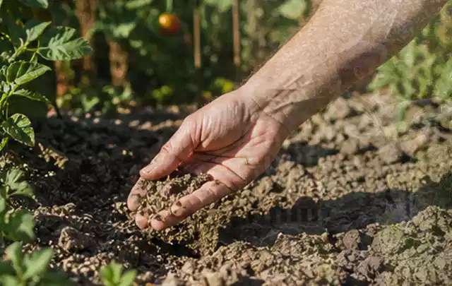 Hand prüft trockene krümelige Gartenerde während einer warmen Sommerphase; Thema Micro Drip Systeme, Schwerpunkt Bewässerung; Umsetzung.