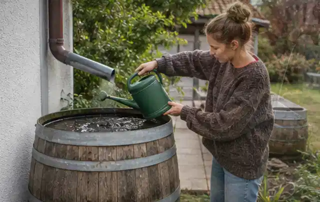 Person kontrolliert ein gefülltes Regenfass unter einem Fallrohr am Haus; Thema Micro Drip Systeme, Schwerpunkt Bewässerung; Kontrolle.
