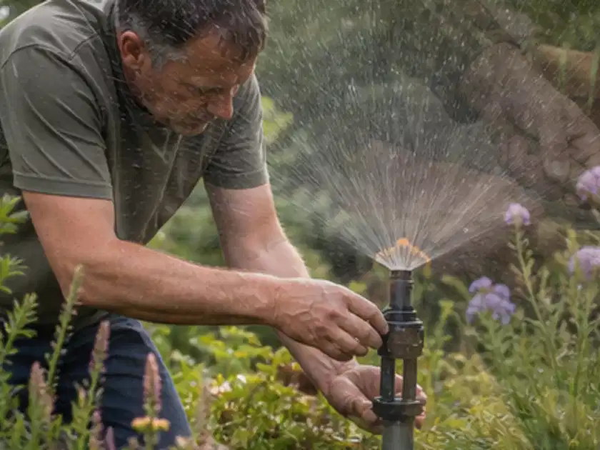 Person richtet einen laufenden Gartensprenger zwischen Stauden präzise aus; Thema Micro Drip Systeme, Schwerpunkt Checkliste; Titelbild.
