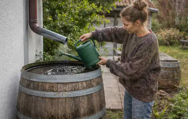Person kontrolliert ein gefülltes Regenfass unter einem Fallrohr am Haus; Thema Micro Drip Systeme, Schwerpunkt Checkliste; Praxisalltag.