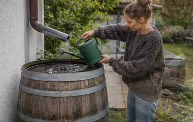 Person kontrolliert ein gefülltes Regenfass unter einem Fallrohr am Haus; Thema Micro Drip Systeme, Schwerpunkt Dimensionierung; Ausgangslage.