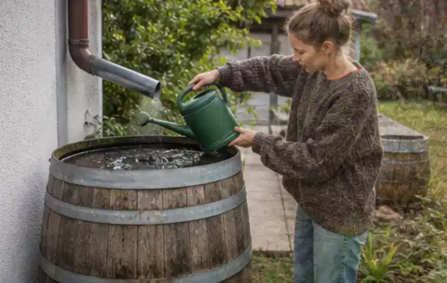 Person kontrolliert ein gefülltes Regenfass unter einem Fallrohr am Haus; Thema Micro Drip Systeme, Schwerpunkt Ersatzteile; Ergebnis.