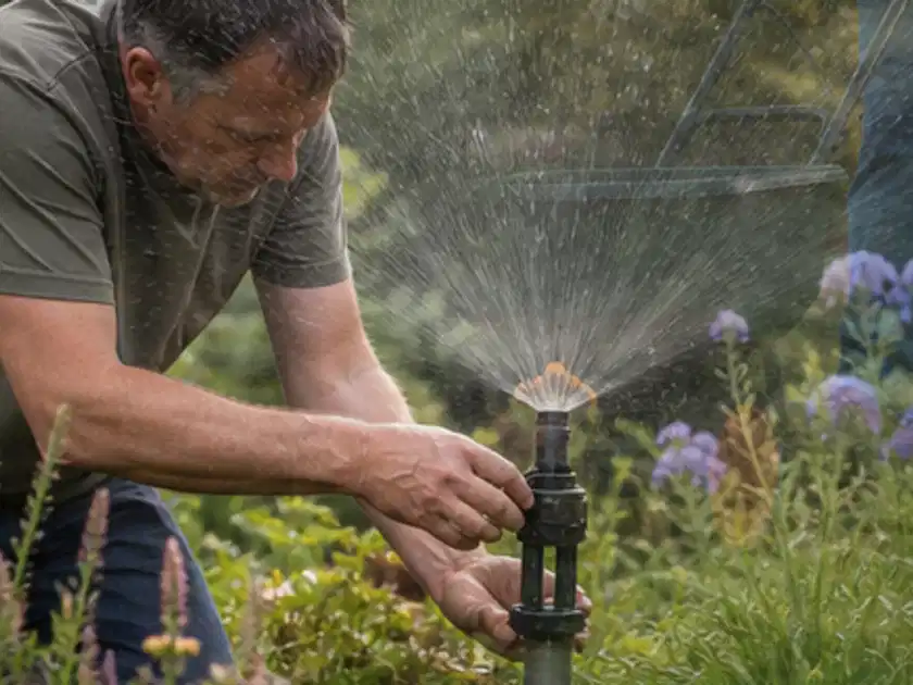 Person richtet einen laufenden Gartensprenger zwischen Stauden präzise aus; Thema Micro Drip Systeme, Schwerpunkt Fehlerhilfe; Titelbild.