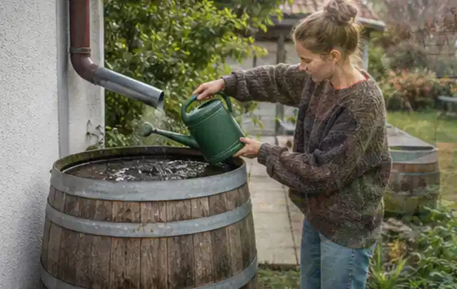 Person kontrolliert ein gefülltes Regenfass unter einem Fallrohr am Haus; Thema Micro Drip Systeme, Schwerpunkt Fehlerhilfe; Umsetzung.