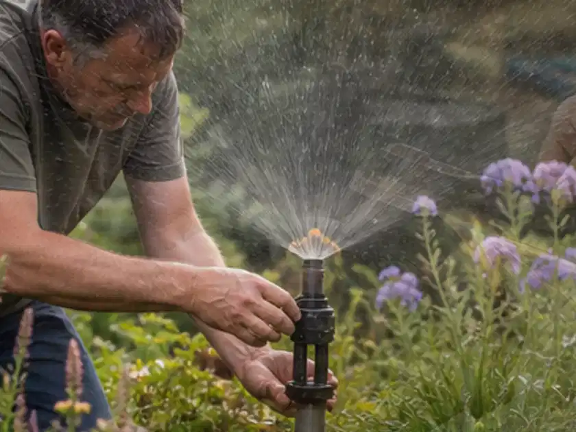 Person richtet einen laufenden Gartensprenger zwischen Stauden präzise aus; Thema Micro Drip Systeme, Schwerpunkt Gärten mit großer Fläche; Titelbild.