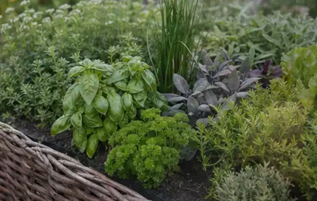 Dichtes Hochbeet mit Basilikum Schnittlauch Petersilie Salbei und weiteren Küchenkräutern; Thema Micro Drip Systeme, Schwerpunkt Gärten mit großer…