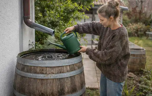 Person kontrolliert ein gefülltes Regenfass unter einem Fallrohr am Haus; Thema Micro Drip Systeme, Schwerpunkt Gärten mit großer Fläche; Ergebnis.