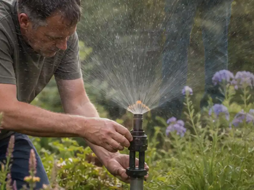 Person richtet einen laufenden Gartensprenger zwischen Stauden präzise aus; Thema Micro Drip Systeme, Schwerpunkt Gärten mit kleiner Fläche; Titelbild.