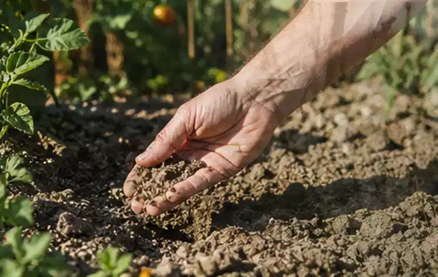 Hand prüft trockene krümelige Gartenerde während einer warmen Sommerphase; Thema Micro Drip Systeme, Schwerpunkt Gärten mit kleiner Fläche; Praxisalltag.