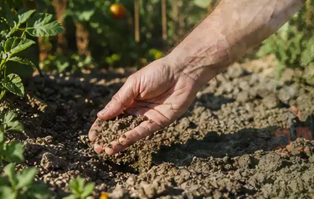 Hand prüft trockene krümelige Gartenerde während einer warmen Sommerphase; Thema Micro Drip Systeme, Schwerpunkt Kaufberatung; Praxisalltag.