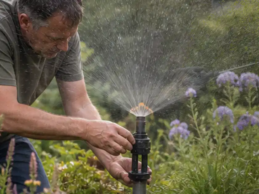 Person richtet einen laufenden Gartensprenger zwischen Stauden präzise aus; Thema Micro Drip Systeme, Schwerpunkt Kosten; Titelbild.