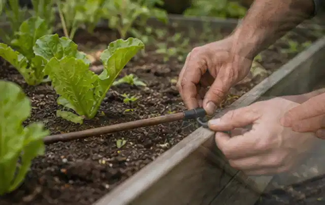 Hände befestigen einen Tropfschlauch nahe an jungen Pflanzen im Hochbeet; Thema Micro Drip Systeme, Schwerpunkt Kosten; Umsetzung.