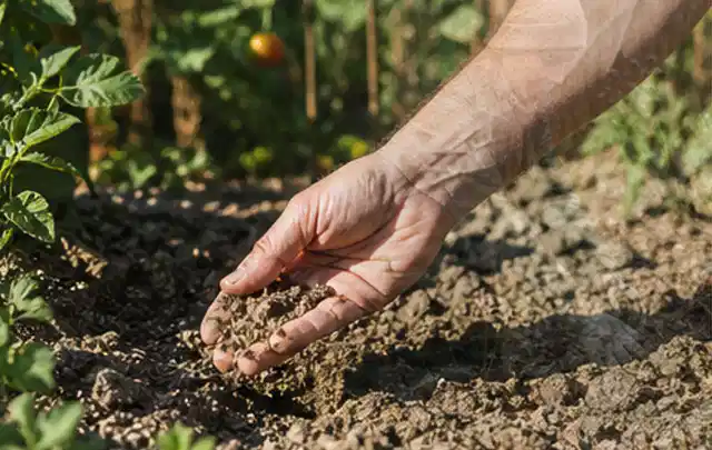 Hand prüft trockene krümelige Gartenerde während einer warmen Sommerphase; Thema Micro Drip Systeme, Schwerpunkt Kosten; Kontrolle.