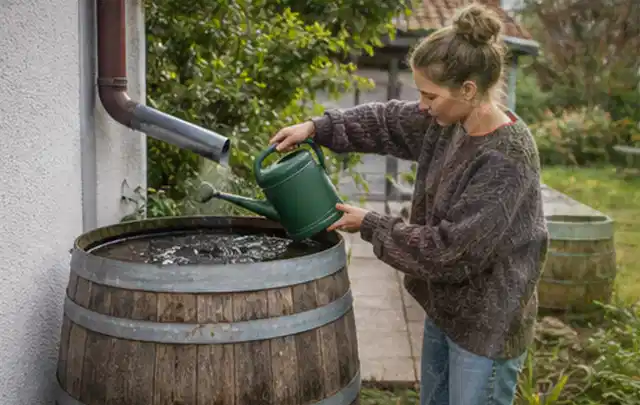 Person kontrolliert ein gefülltes Regenfass unter einem Fallrohr am Haus; Thema Micro Drip Systeme, Schwerpunkt Kosten; Praxisalltag.