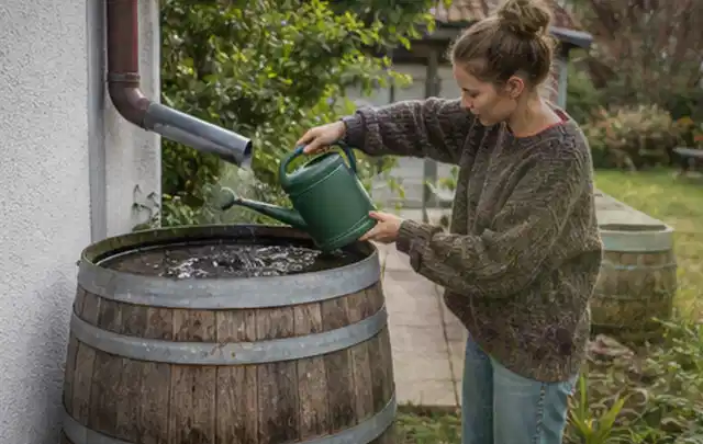 Person kontrolliert ein gefülltes Regenfass unter einem Fallrohr am Haus; Thema Micro Drip Systeme, Schwerpunkt Leistung; Praxisalltag.