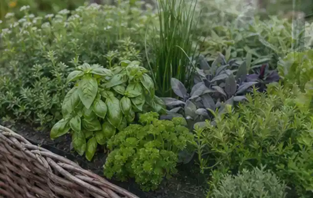 Dichtes Hochbeet mit Basilikum Schnittlauch Petersilie Salbei und weiteren Küchenkräutern; Thema Micro Drip Systeme, Schwerpunkt Nachhaltigkeit; Ergebnis.
