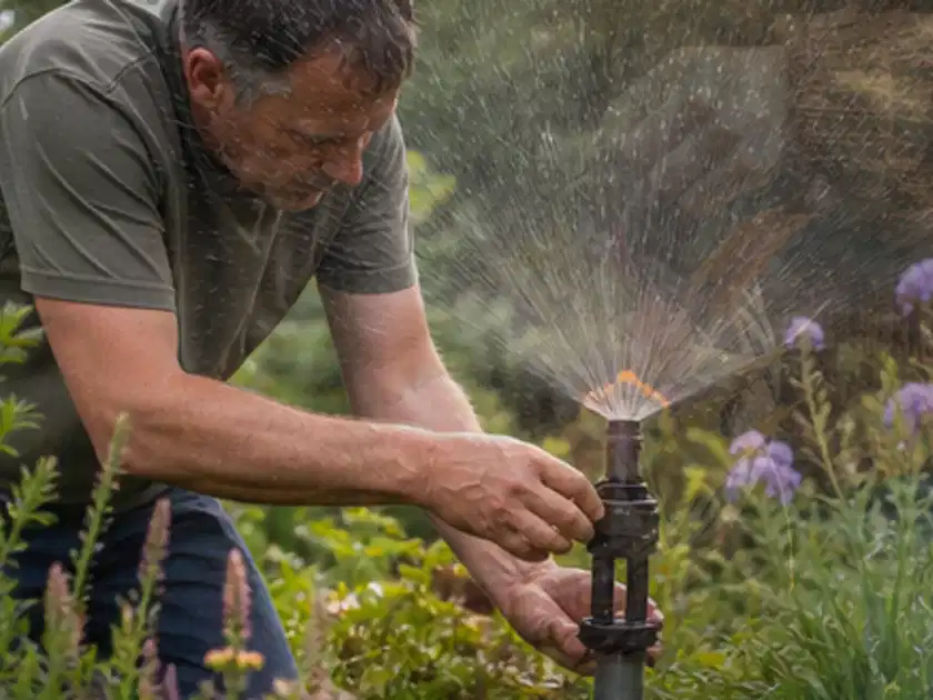 Person richtet einen laufenden Gartensprenger zwischen Stauden präzise aus; Thema Micro Drip Systeme, Schwerpunkt Reinigung; Titelbild.