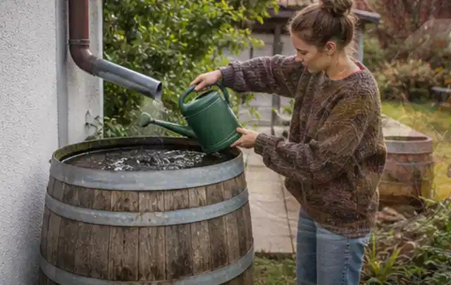 Person kontrolliert ein gefülltes Regenfass unter einem Fallrohr am Haus; Thema Micro Drip Systeme, Schwerpunkt Reinigung; Ausgangslage.