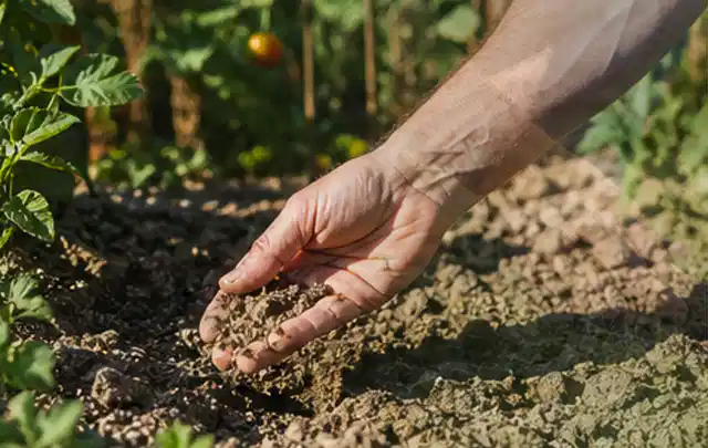 Hand prüft trockene krümelige Gartenerde während einer warmen Sommerphase; Thema Micro Drip Systeme, Schwerpunkt Reinigung; Ergebnis.
