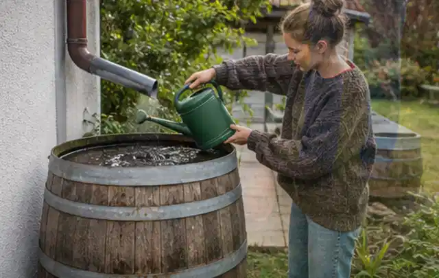 Person kontrolliert ein gefülltes Regenfass unter einem Fallrohr am Haus; Thema Micro Drip Systeme, Schwerpunkt Reparatur; Ergebnis.