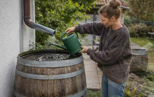 Person kontrolliert ein gefülltes Regenfass unter einem Fallrohr am Haus; Thema Micro Drip Systeme, Schwerpunkt Sicherheit; Ergebnis.