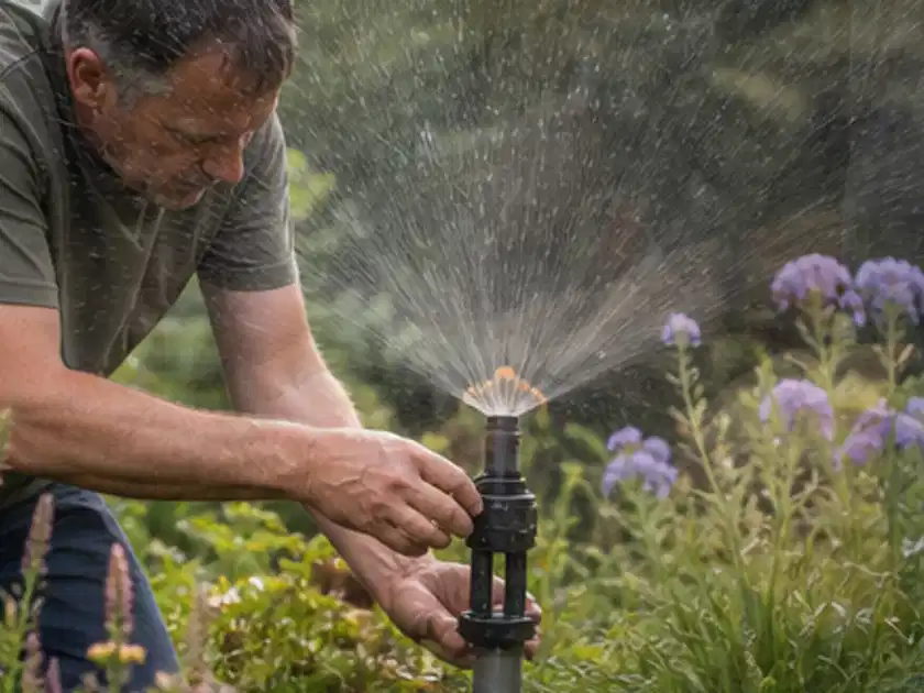 Person richtet einen laufenden Gartensprenger zwischen Stauden präzise aus; Thema Micro Drip Systeme, Schwerpunkt Systemvergleich; Titelbild.