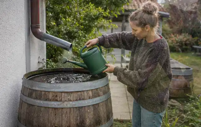 Person kontrolliert ein gefülltes Regenfass unter einem Fallrohr am Haus; Thema Micro Drip Systeme, Schwerpunkt Systemvergleich; Umsetzung.